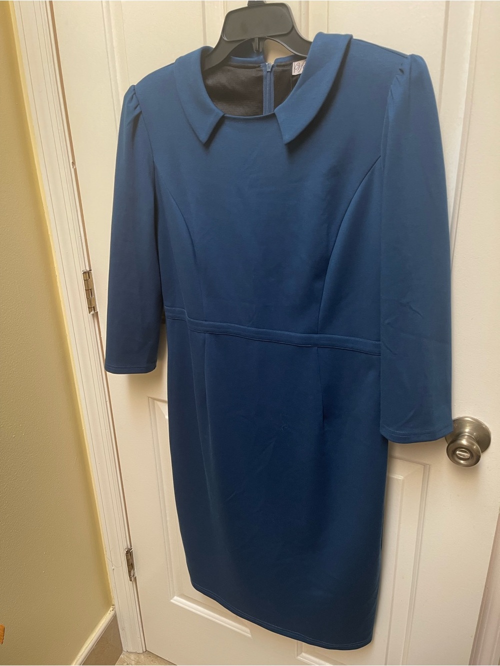 VfEmage Teal-Blue Long Sleeve Shift Dress with Peter Pan Collar